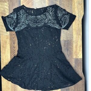 Free People Black Lace Embroidered Fit & Flare Mini Sheer Dress‎